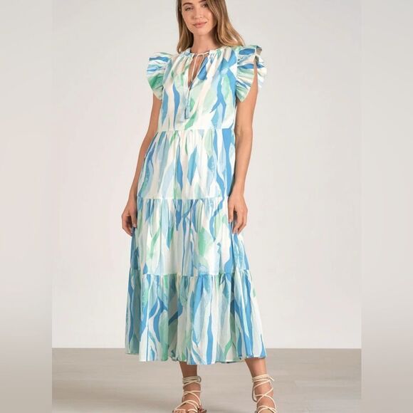 ELAN Dresses & Skirts - Elan Women’s Blue Green Ruffle Midi Dress Small NWT